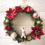 xmas クリスマスリース ポインセチアとリンゴ  ウサギ