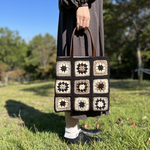 クロシェ編み　トートバッグ　ブラック×ブラウン・グレー　＊革持ち手