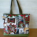 cat様オーダー品：USA生地　花いっぱいネコいっぱいのトートバッグ