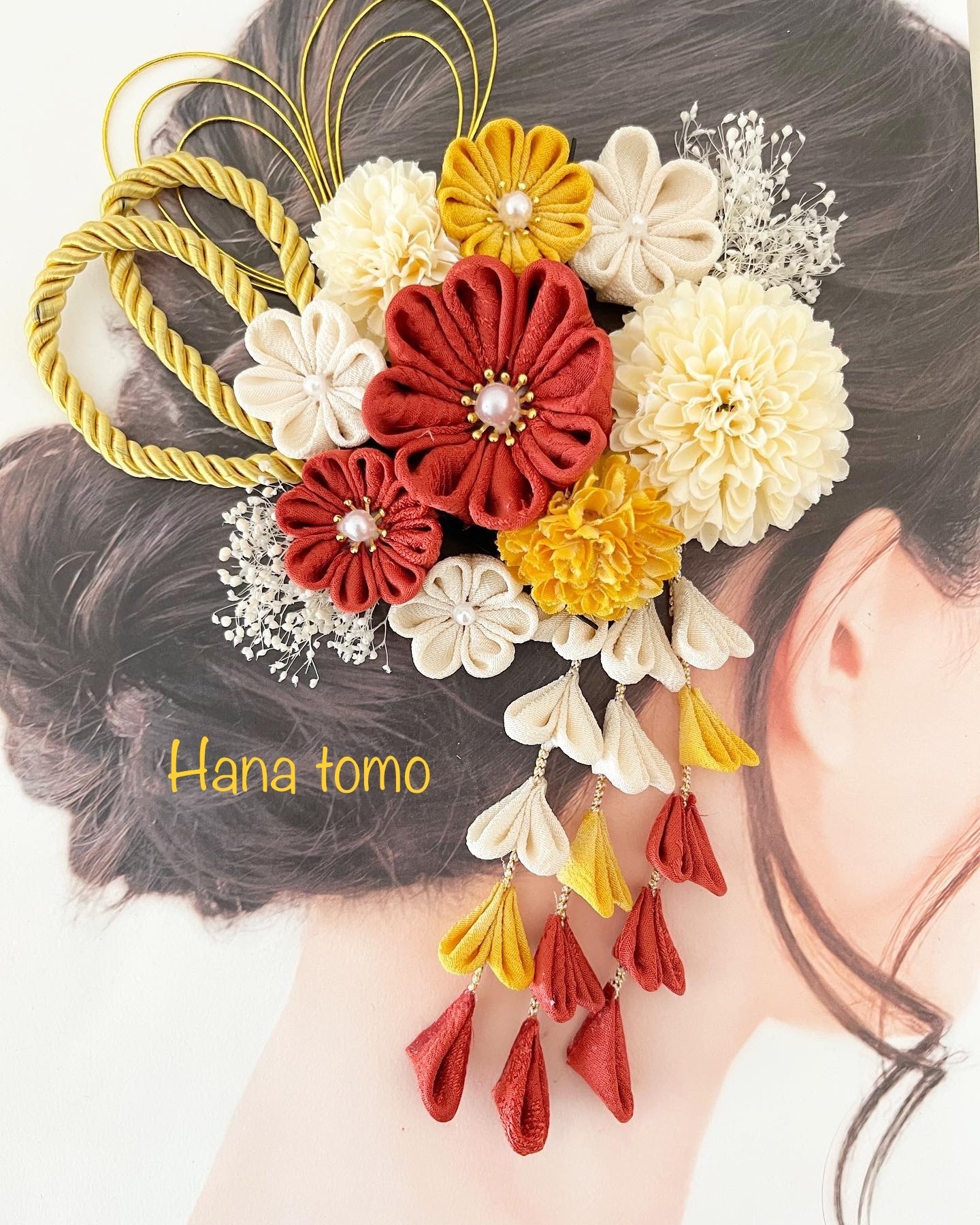 和装髪飾り　赤　オレンジ　つまみ細工　結婚式　成人式　卒業式　袴　七五三　訪問着 つまみ細工 髪飾り 赤 オレンジ 白 成人式 結婚式 七五三 753