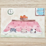 🐱透明水彩画　2025年年賀状「こたつでお昼寝」イラストポストカード2枚セット　猫　ねこ　ネコ　秋　冬　雪　コタツ　クリスマスカード　寒中見舞い