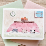 🐈透明水彩画　2枚セット「こたつでお昼寝」イラストミニカード バースデーカード　クリスマスカード　寒中見舞い　猫　ねこ ネコ　雪　コタツ　秋　冬
