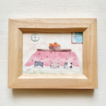 🐱透明水彩画「こたつでお昼寝」イラスト　ミニ額   プチギフト　猫　ネコ　ねこ　コタツ　雪　秋　冬　クリスマスギフト　寒中見舞い　お正月