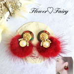 冬ピアス໒꒱·̩͙ 薔薇ボタンカボション✖️ミンクファーピアス（イヤリング ）                   ファー カラフル ボタン✖️薔薇 ボタン   【１点もの】　送料無料✨ 五色ゴシキ