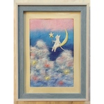 和紙ちぎり絵『星のステッキを持つ白猫とふわふわ雲』葉書サイズ原画
