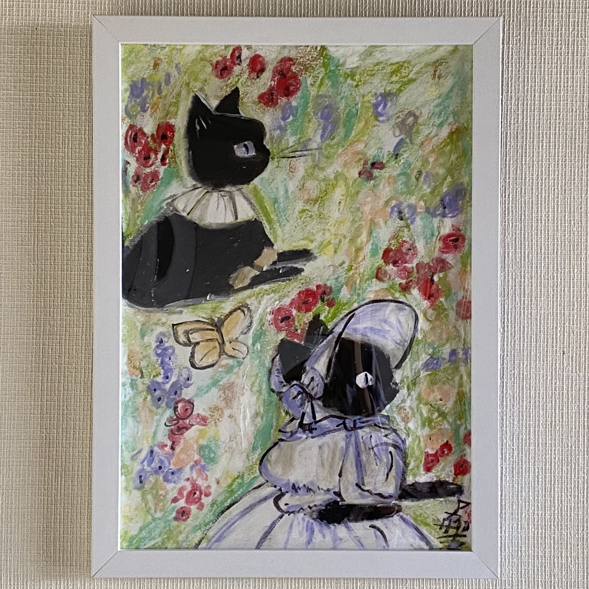 絵画 。壁掛け絵原画【ヨーロッパ風、美しい庭の黒猫さんと友達が遊んでいます】