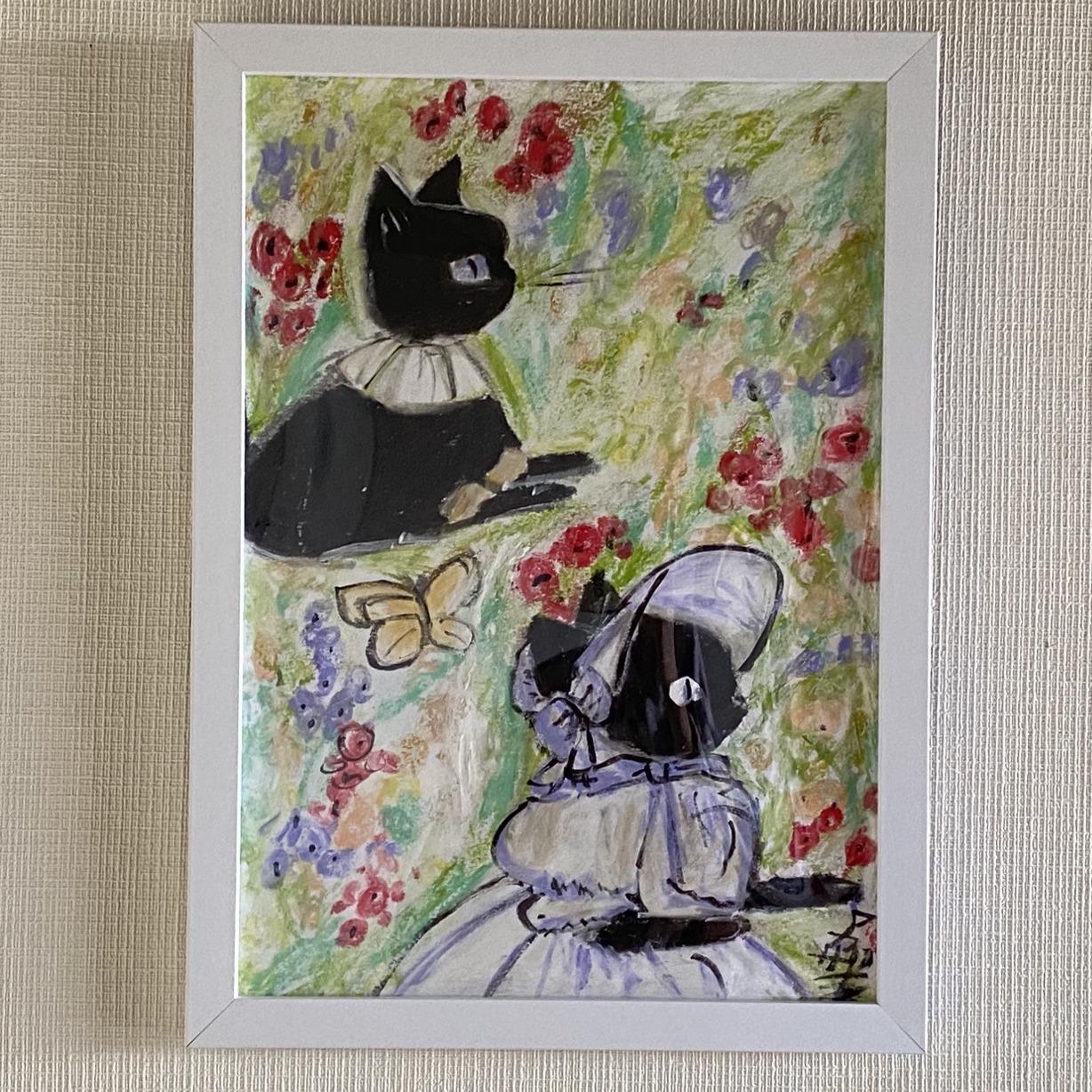 絵画 。壁掛け絵原画【ヨーロッパ風、美しい庭の黒猫さんと友達が遊ん