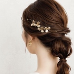MA120　小枝　バックカチューシャ　ゴールド ビジュー 花ピン リーフヘアアクセサリー 髪飾り ヘッドドレス ヘッドアクセ ウェディング 結婚式　前撮り　フォトウェディング