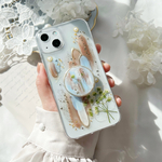 ポップアップソケット ミストブルー かすみ草 autumnニュアンスカラーとかすみ草ブーケ 押し花スマホケース 【ハイブリッドケース対応可】