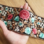 インド刺繍リボン　【60㎝カット済み】幅広　チュール　刺繍リボン   【ブラック×レッド】
