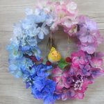 ◇896 　✾ぽっちゃりおでぶな、黄色い小鳥とグラデあじさいの雫リース🐤  （大）約２５㎝