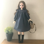 フリル袖　長袖ワンピース　【くすみブルー】ドール服　リカちゃん　ブライス　