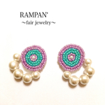 ターコイズ＆パープルのサークル刺繍にコットンパールピアス