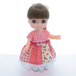 ワンピース&ヘアゴムセット　フレンチスリーブ　赤パッチスカート　赤チェック　メルちゃん　ソランちゃんサイズ　服