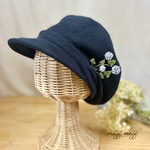 2wayキャスケット帽　秋冬[大人/厚手起毛] 播州織クローバー刺繍 ハンチング　ネイビー　帽子　ナチュラル　お出かけ　清楚