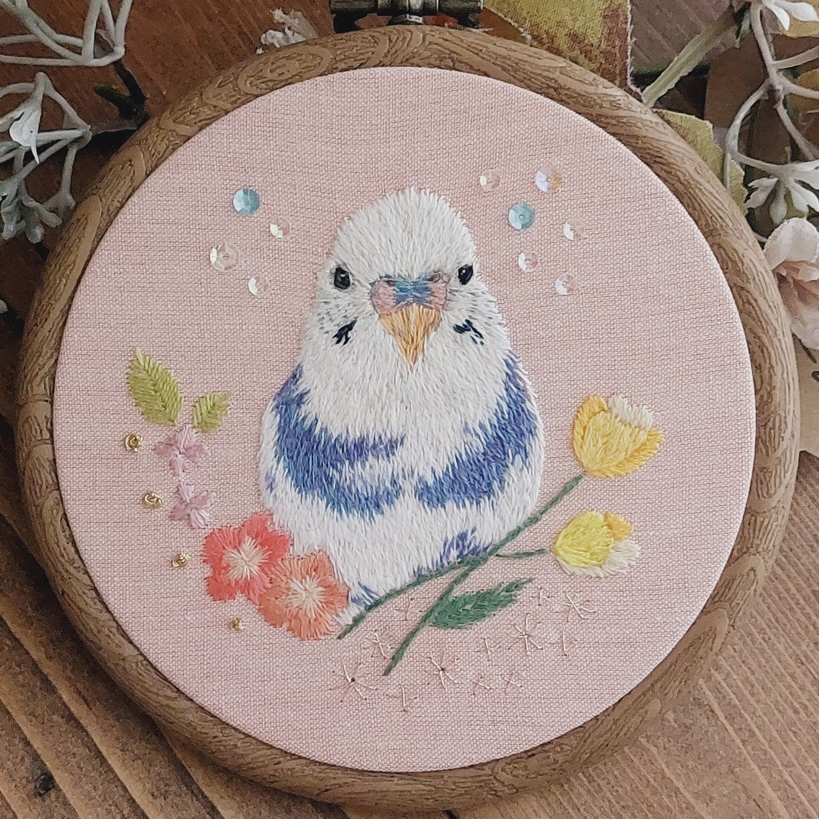 受注生産】『インコ刺繍🕊‎𓂃◌𓈒𓐍瞬きを永遠に……刺繍フレーム(大