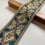 約7.5cm幅/刺繍リボン/グリーン/光沢ベージュ刺繍