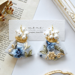 インド刺繍　刺繍リボン　タッセル　ブルー　青　水色　ゴールド　花柄　コットンパール　ピアス　＊　イヤリング　樹脂　変更可　お洒落　  個性的　結婚式　ウェディング　お呼ばれ　プレゼント　ギフト