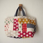 カラフル　綿麻ドット　ランダムパッチ　横長トートBAG　ダンガリー調　♪　赤　青　緑　水玉