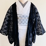 レース羽織　（ツヤツヤブラック 刺繡レースの長羽織）丈100cm