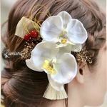 ◎胡蝶蘭 ウェディング 前撮り 髪飾り ヘアアクセサリー　アクセサリー　ヘアピン　和装　白無垢　成人式　水引　ブライダル　ブリザードフラワー  リボン　花　赤玉　結婚式