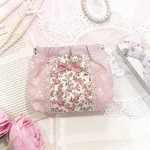 リバティ　バネポーチ  ムーンモス　クラシカルピンク　　レース　リボン　大人可愛い　大人ガーリー　ガーリー　上品　プレゼント　rose ニュアンスカラー　ラテカラー　くすみピンク　