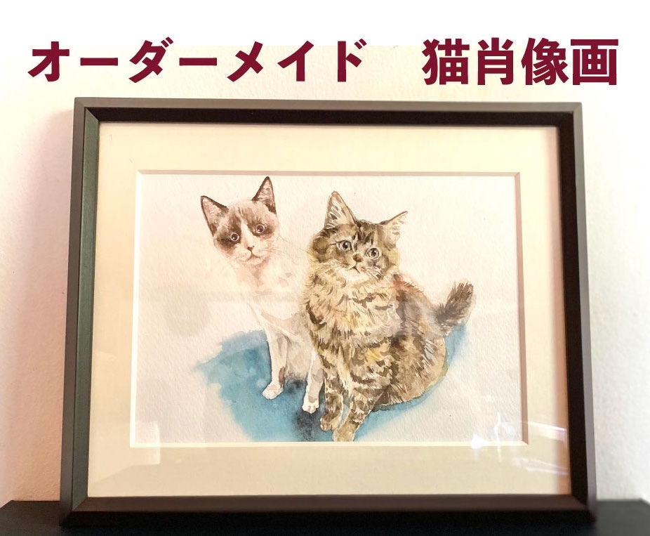 オーダーの品 自作絵画 猫とうさぎの肖像画