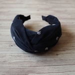 クロスターバン型カチューシャ（コーデュロイ・ダークネイビーにグレーの林檎の刺繍）