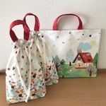 可愛いおウチの入園セット(レッド) レッスンバッグ お着替え袋 体操服 上履き入れ 上靴入れ 入園 習い事 バッグ 巾着袋 赤 生成り ナチュラル 女の子 幼稚園