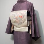 すぐに結べる「さくら造り帯」ホワイトパール色の草花模様のお太鼓
