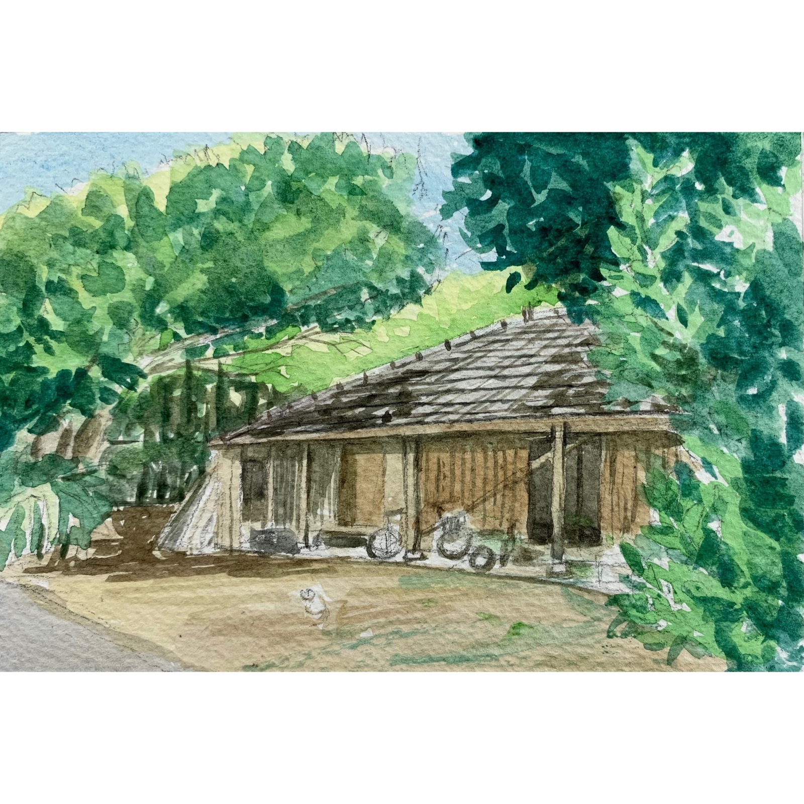 原画】沖縄風景水彩画｢フクギ並木集落の古民家｣ - 沖縄風景画_