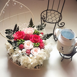 友人専用出品★プリザーブドフラワー＊母の日＊バラとかすみ草＊ピンク系＊ハート型ワイヤー花器(大)