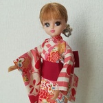 リカちゃん　着物（浴衣）2点セット #22C’　モダン和風花柄　縦縞