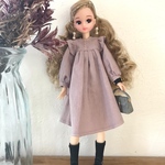 フリル袖　長袖ワンピース　【くすみピンク】ドール服　リカちゃん　ブライス　受注