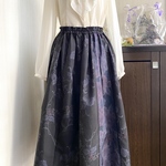 大島紬　黒に草花柄　紫の花柄　2柄使用　フレアスカート　着物リメイク　黒絹ペチコート付き　175