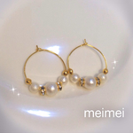 【再販】コットンパール風ビジューのキラキラフープピアス*