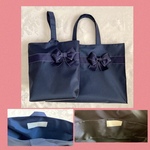 再販  軽くて丈夫なナイロンレッスンバッグマチ広＆ナイロン靴袋大マチ広 紺ステッチふっくらりぼん