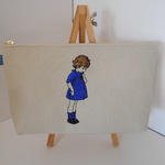 可愛いフランスの女の子刺繍の帆布のたっぷりペンケース　ブルー