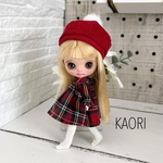 プチブライス　アウトフィット　リバティチェックワンピ（赤）3点セット　ハンドメイド　服