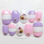 再販♪RUNA♪ピンク×パープル貝殻ボーダー夏ネイルチップ