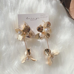 再販𓐍 𓈒◌𓂃ブライダルアクセサリー🕊ゴールドフラワー パール ボールチェーンピアス orイヤリング /ウエディング ブライダル 結婚式 クリア パール