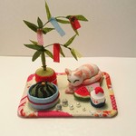 ちりめん細工の座布団ねこ「七夕とスイカ」ミニ置物 【送料無料】