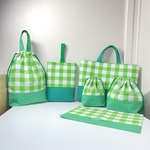 【お名前刺繍サービス】〈６点セット〉ギンガムチェック柄（キミドリ）★入園入学グッズ