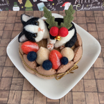 ★クリスマス☆イチゴとベリーのシャルロットケーキ  ねこ ★白黒 ハチワレ 羊毛フェルト てのひらサイズ　ちび猫