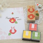 【インク付き】椿のはんことお花うさぎのスタンプセット