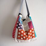 カラフル　北欧風　ランダムパッチ　ワンハンドル　縦長トートBAG　肩掛け　♪　綿麻ダンガリー　ブルー