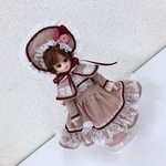 【送料無料】リカちゃんお洋服、くすみピンクのコーデュロイのケープ付きワンピース、ボンネット、ペチコート、レースの靴下の5点セット（49）