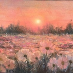 油絵　原画　オリジナル　「夕焼けコスモス」 送料無料