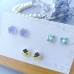 在庫処分　ピアス３点セット♡　ブルー系♫　スタッドピアス　[サージカルステンレス316L/樹脂ピアス]　小さいピアス　小ぶり　レジン　プチピアス　セール　キラキラ　小粒　お花