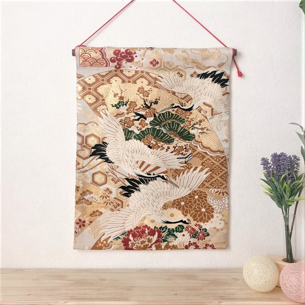 【⑯0666】190cm/昭和レトロ/鶴・笠松/帯リメイク品/タペストリー 帯のタペストリー 鶴アンティーク文様 帯リメイク245 - Ho